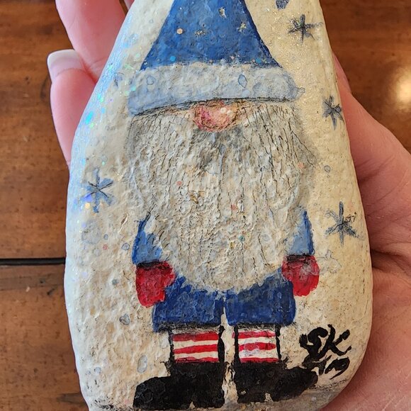 Christmas Holiday Gnome in Blue Santa Outfit with Snow Sparkles on a River Rock - Picture 3 of 10